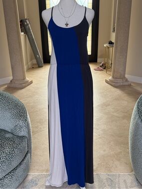 Colorblock Spaghetti-Strap Maxi Dress in Blue, Black & White